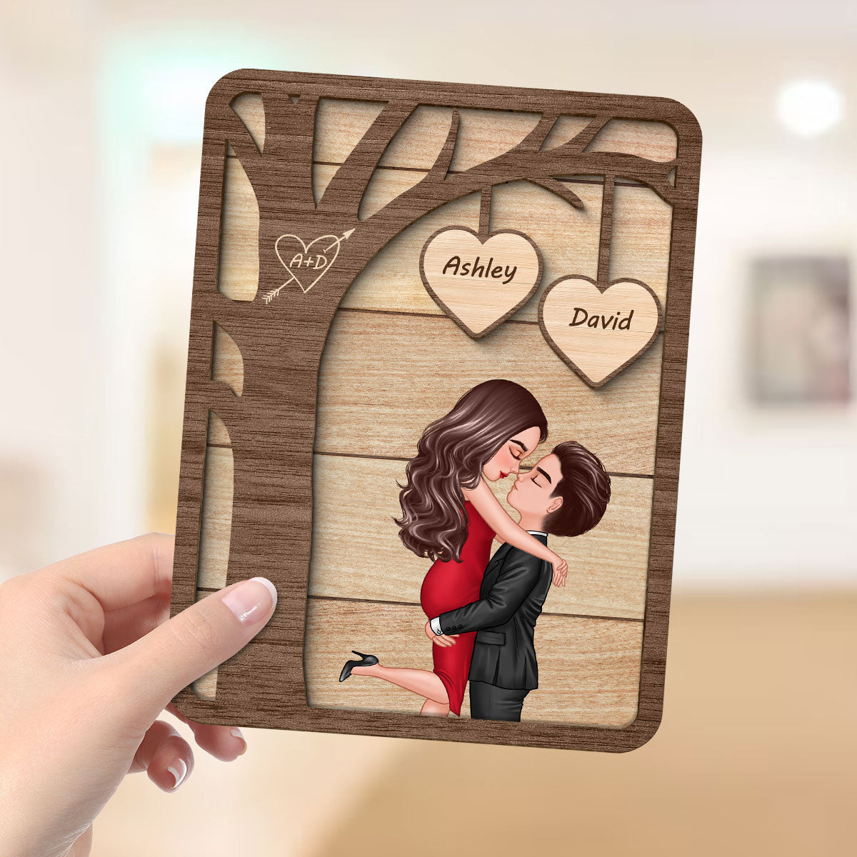 Couple Hugging Kissing Under Tree Valentine‘s Gift For Him For Her Personalized 2-Layer Wooden Plaque