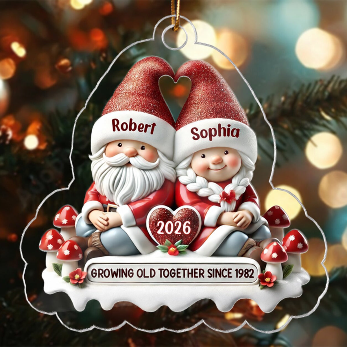 3D Effect Gnome Couple - Personalized Acrylic Ornament - Gift for Him, Gift for Her