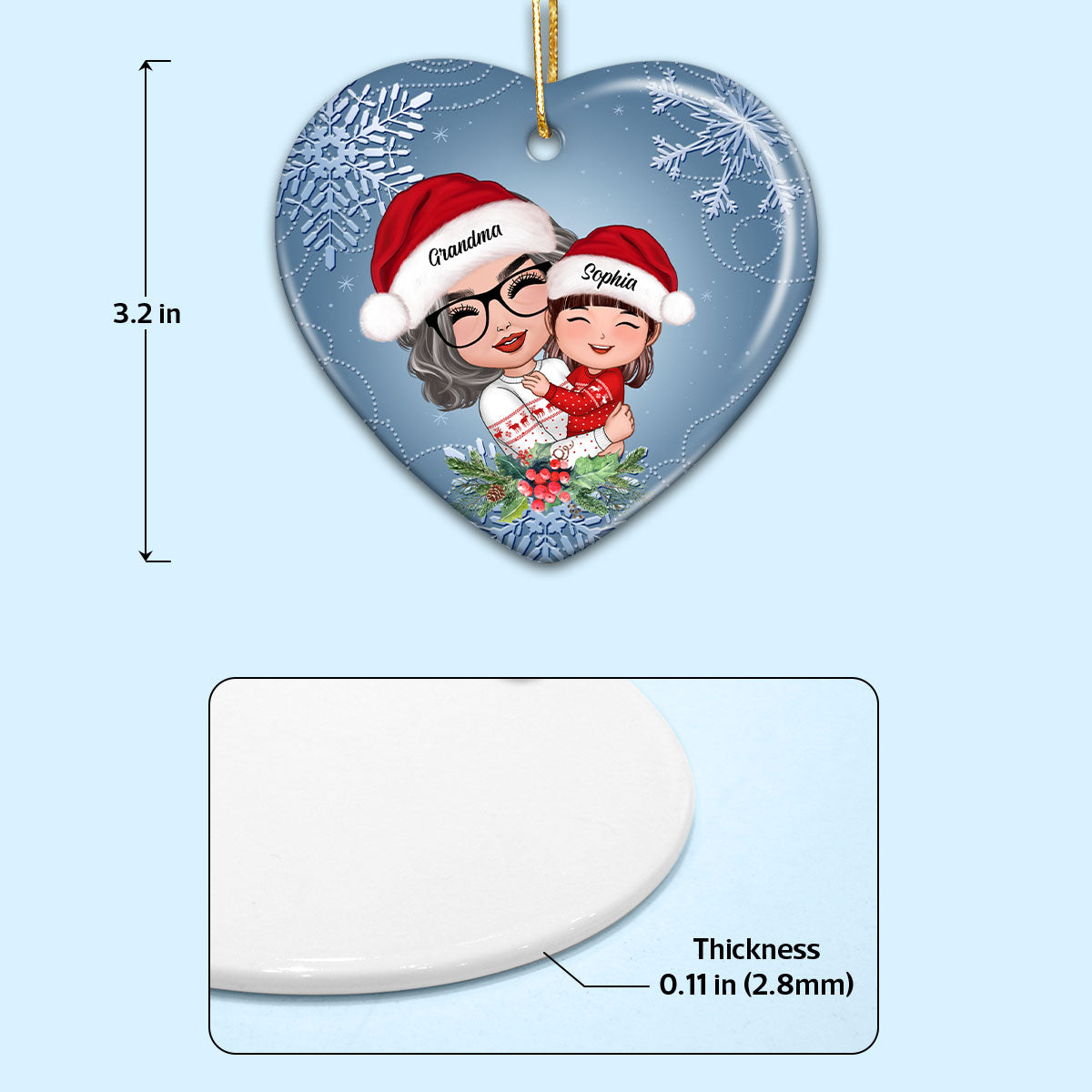 Doll Grandma Hugging Granddaughter Grandson In Winter Theme Personalized Heart Ornament