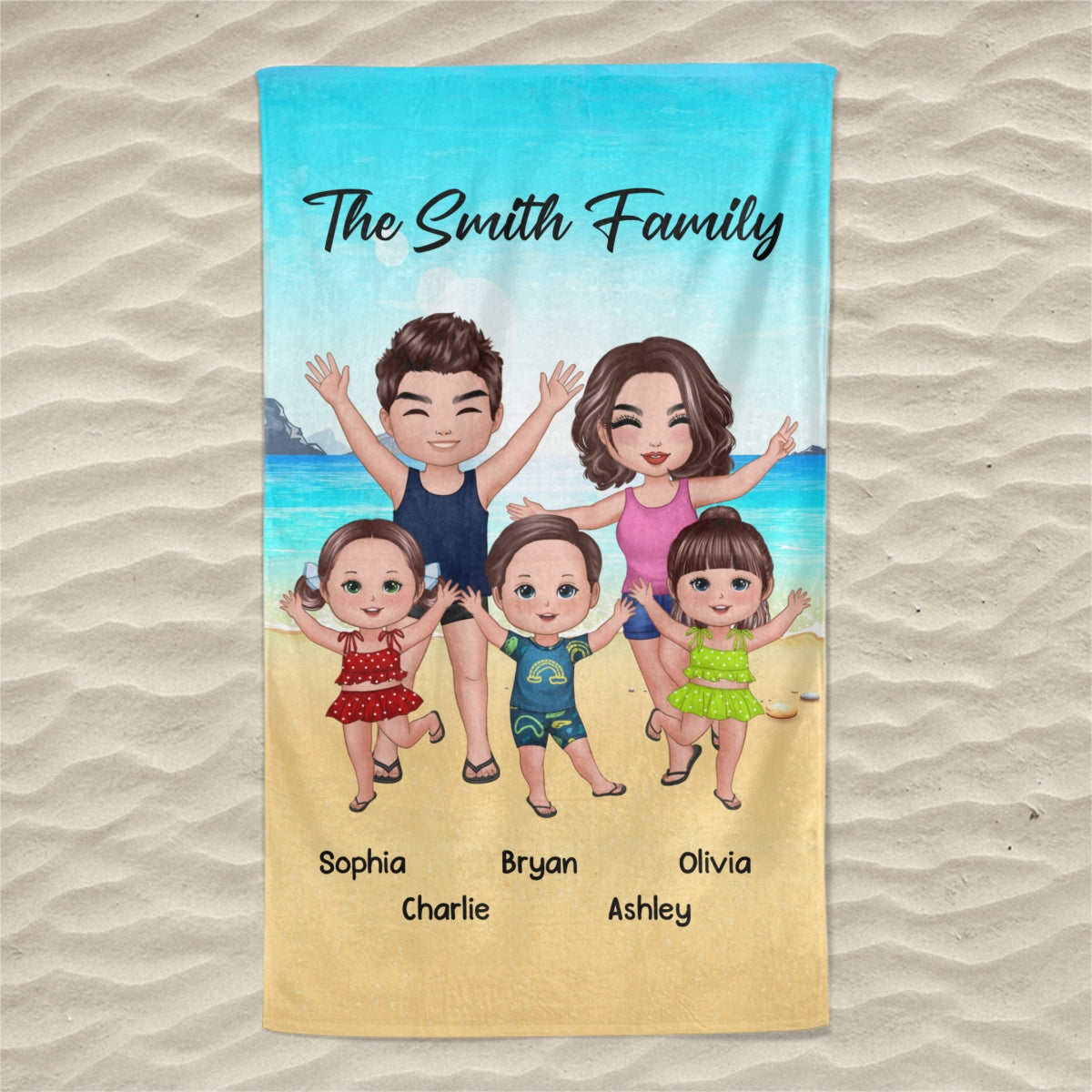 Whole Family Couple Dad Mom Kids Dogs Cats On The Beach Personalized Beach Towel