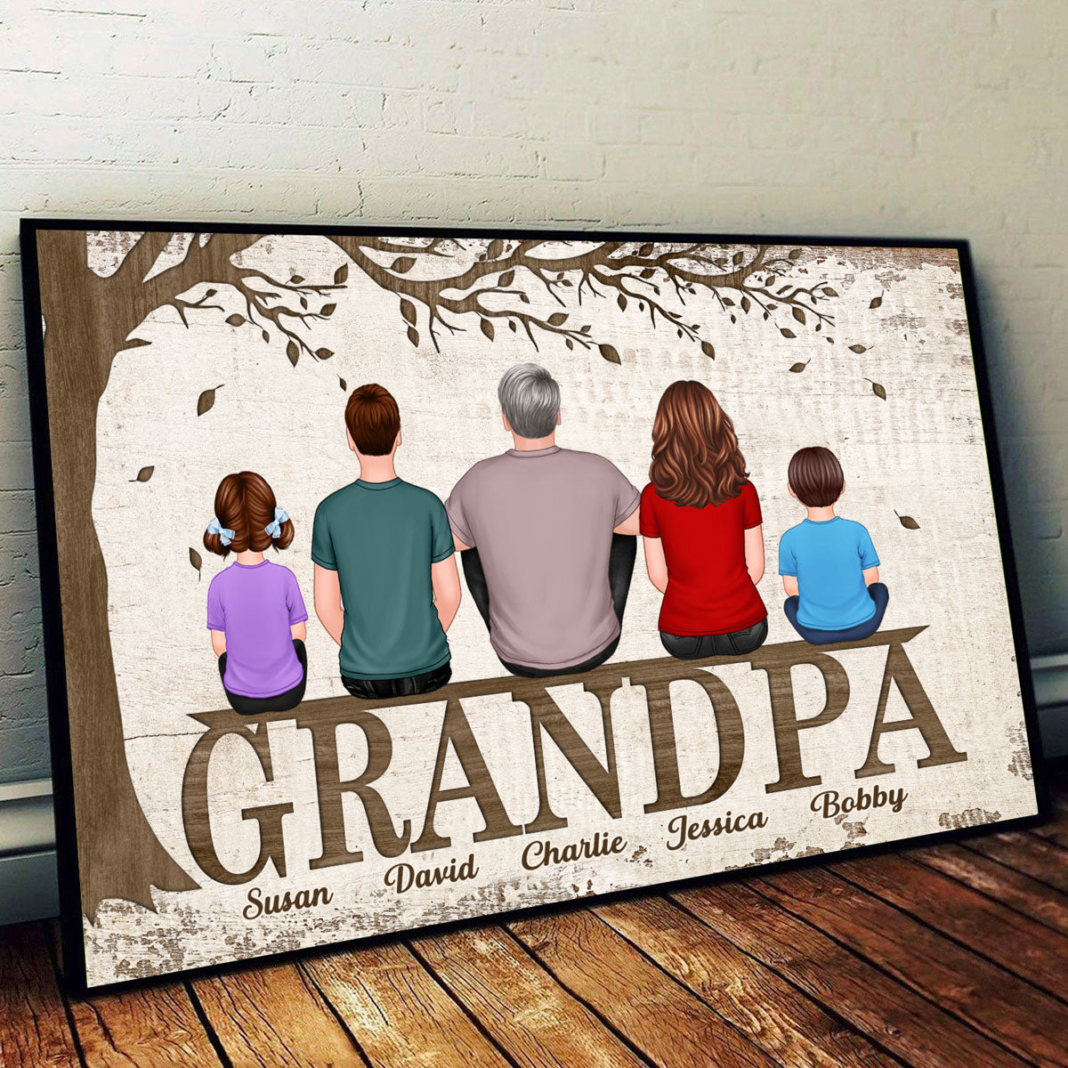 Dad Grandpa Back View Man And Kids Dogs Cats Sitting On Words Under Tree Personalized Horizontal Poster