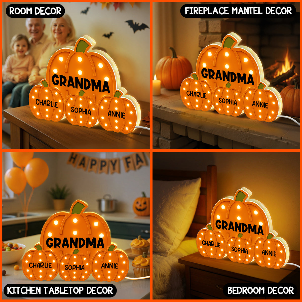 3D Effect Grandma Little Pumpkins Marquee Pattern Effect Flat - Personalized Light Box