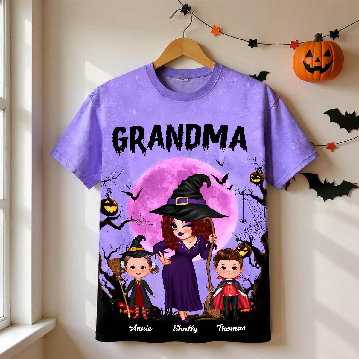 Pretty Grandma Witch & Kids Moon Bat Tree - Personalized 3D Shirt