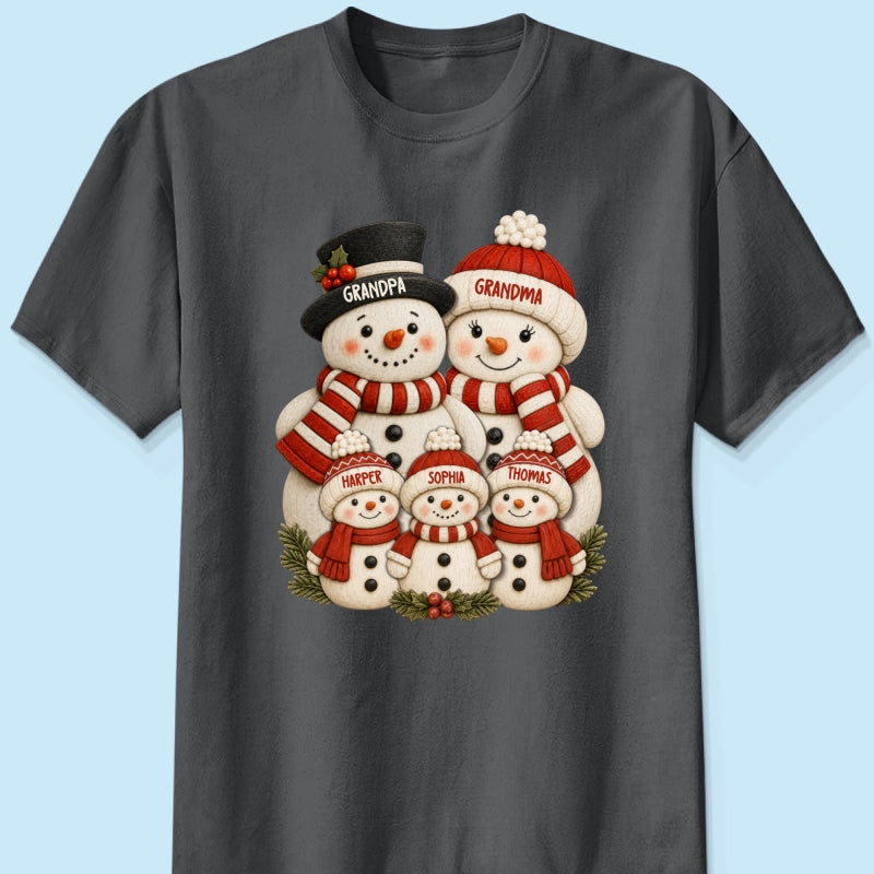 Cute Snowman Grandparents & Grandkids 2D Flat Printed - Personalized Shirt - Christmas Decor For Family, Grandma, Grandpa