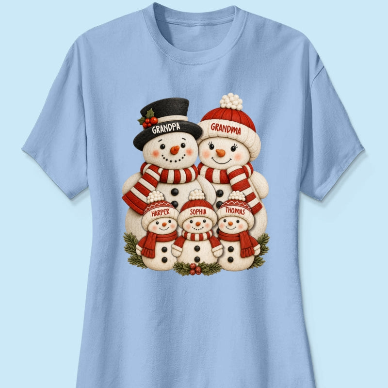 Cute Snowman Grandparents & Grandkids 2D Flat Printed - Personalized Shirt - Christmas Decor For Family, Grandma, Grandpa