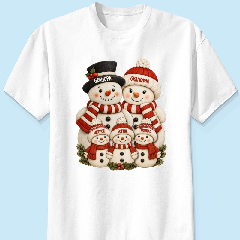 Cute Snowman Grandparents & Grandkids 2D Flat Printed - Personalized Shirt - Christmas Decor For Family, Grandma, Grandpa