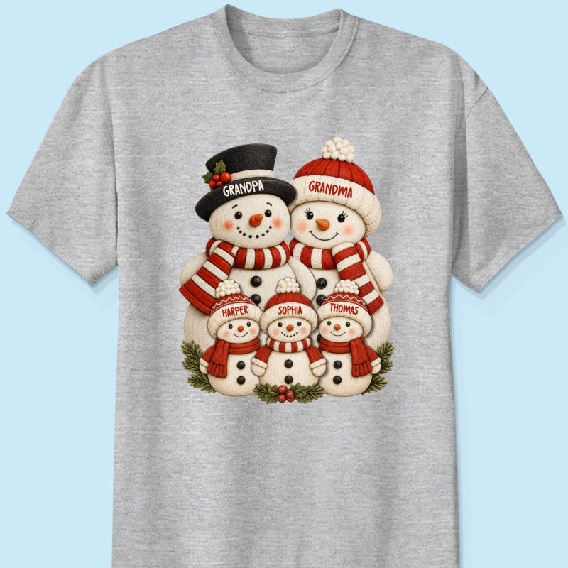 Cute Snowman Grandparents & Grandkids 2D Flat Printed - Personalized Shirt - Christmas Decor For Family, Grandma, Grandpa