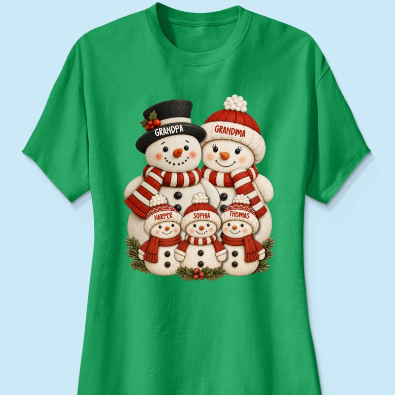 Cute Snowman Grandparents & Grandkids 2D Flat Printed - Personalized Shirt - Christmas Decor For Family, Grandma, Grandpa