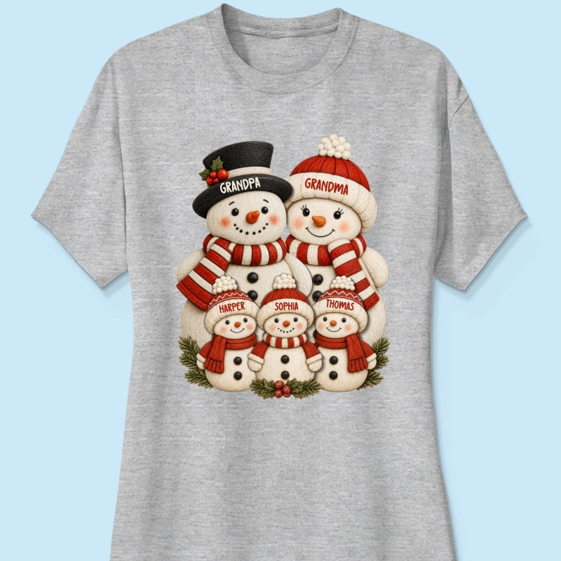 Cute Snowman Grandparents & Grandkids 2D Flat Printed - Personalized Shirt - Christmas Decor For Family, Grandma, Grandpa