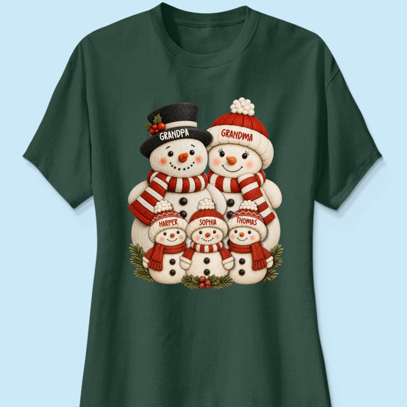 Cute Snowman Grandparents & Grandkids 2D Flat Printed - Personalized Shirt - Christmas Decor For Family, Grandma, Grandpa