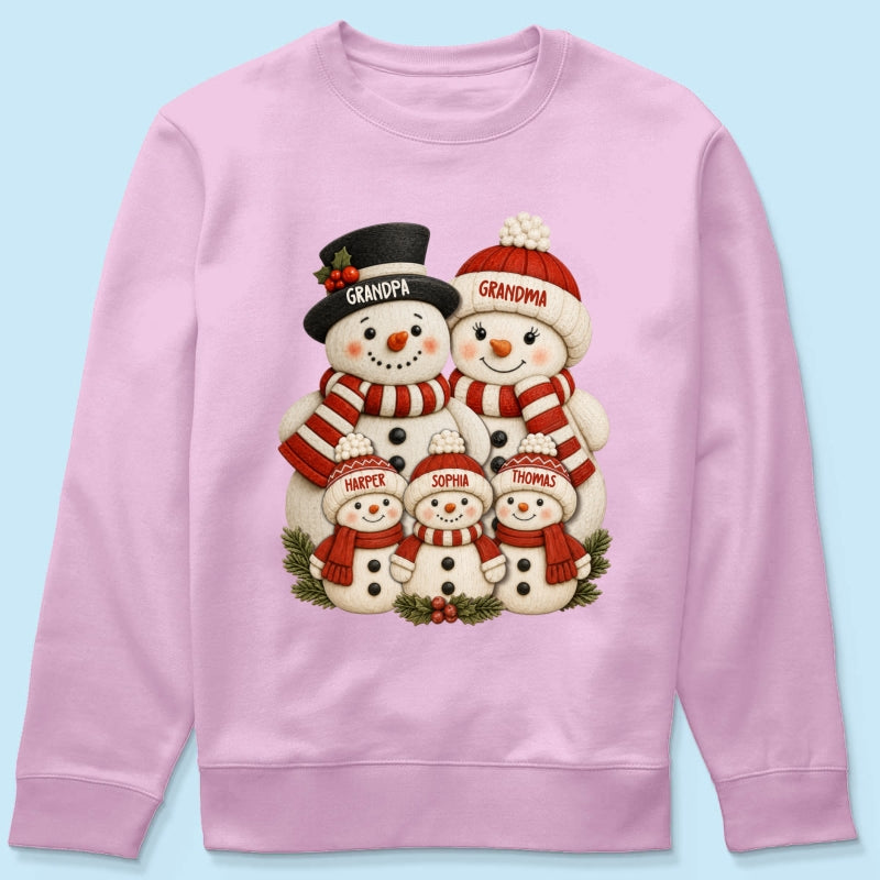 Cute Snowman Grandparents & Grandkids 2D Flat Printed - Personalized Shirt - Christmas Decor For Family, Grandma, Grandpa