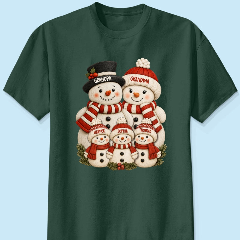 Cute Snowman Grandparents & Grandkids 2D Flat Printed - Personalized Shirt - Christmas Decor For Family, Grandma, Grandpa