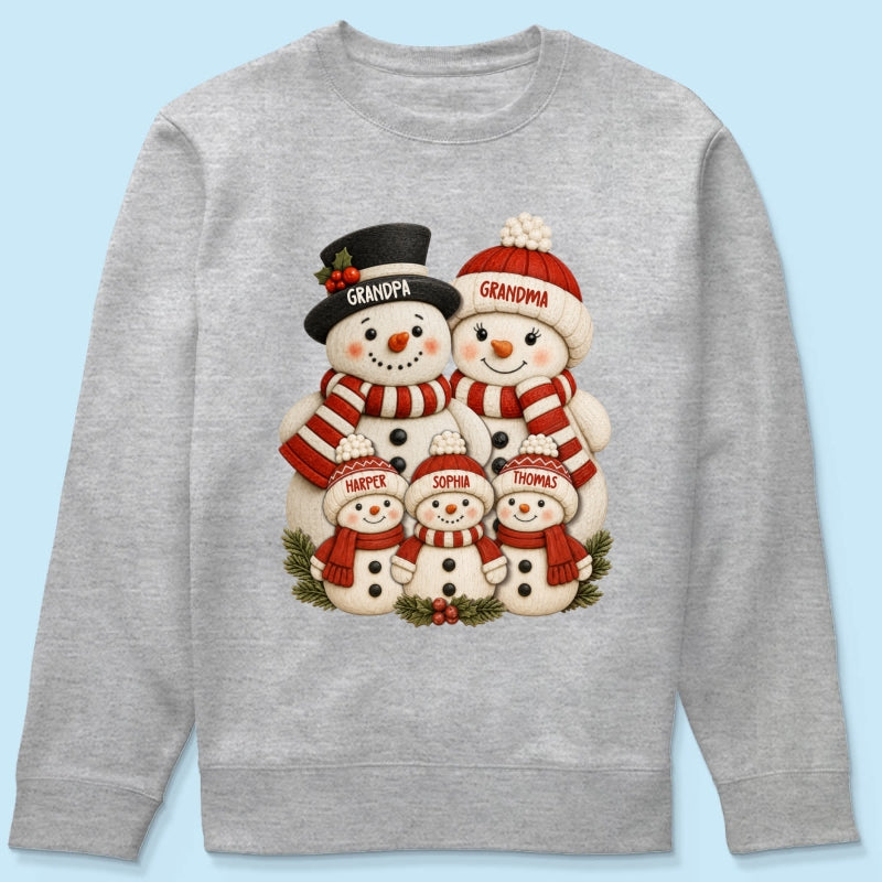 Cute Snowman Grandparents & Grandkids 2D Flat Printed - Personalized Shirt - Christmas Decor For Family, Grandma, Grandpa