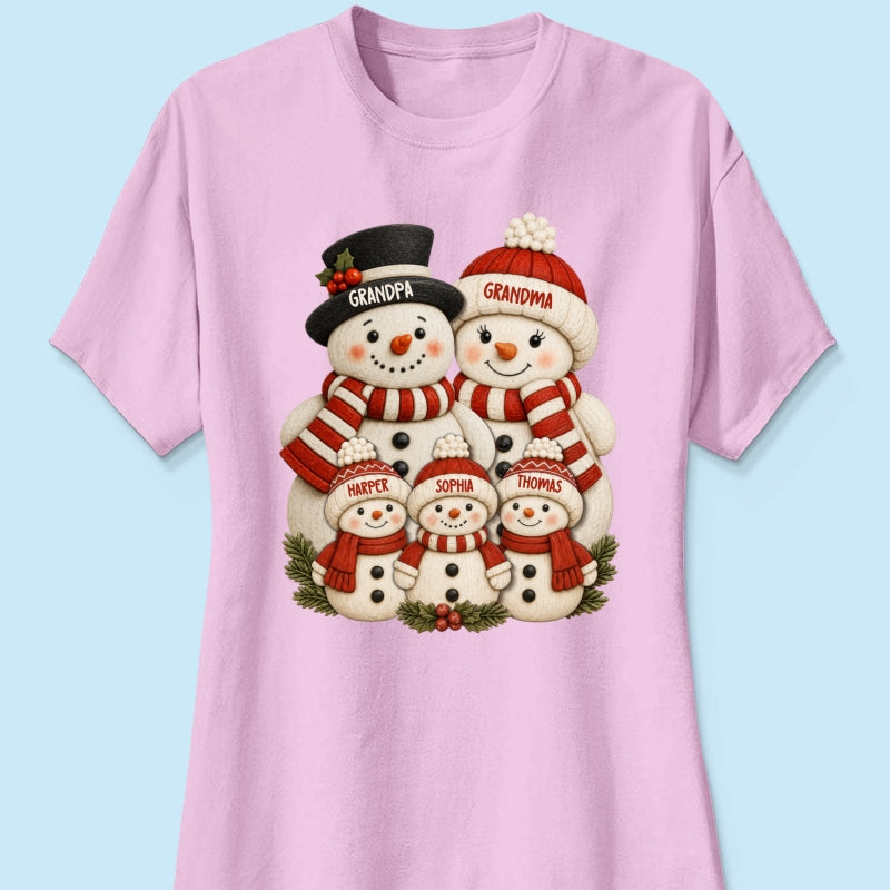 Cute Snowman Grandparents & Grandkids 2D Flat Printed - Personalized Shirt - Christmas Decor For Family, Grandma, Grandpa
