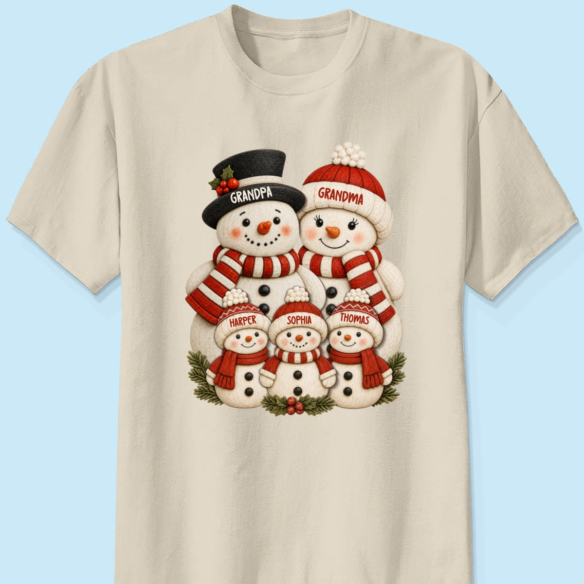 Cute Snowman Grandparents & Grandkids 2D Flat Printed - Personalized Shirt - Christmas Decor For Family, Grandma, Grandpa