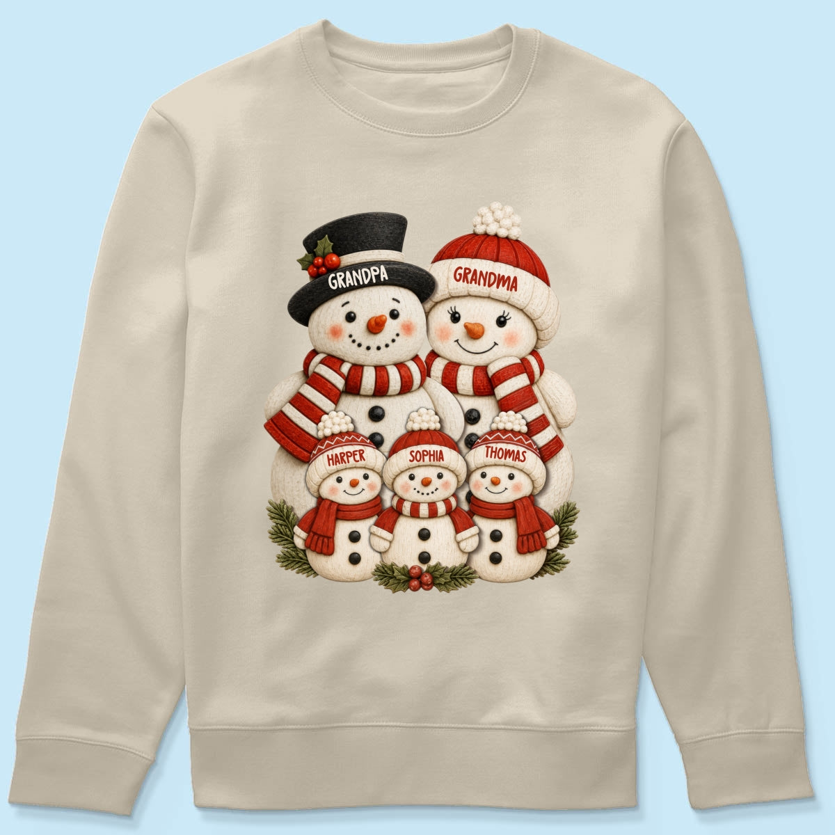 Cute Snowman Grandparents & Grandkids 2D Flat Printed - Personalized Shirt - Christmas Decor For Family, Grandma, Grandpa