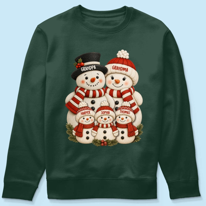 Cute Snowman Grandparents & Grandkids 2D Flat Printed - Personalized Shirt - Christmas Decor For Family, Grandma, Grandpa