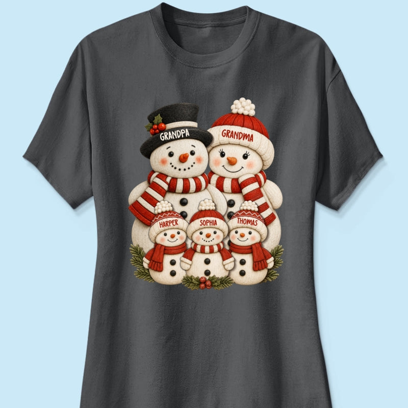 Cute Snowman Grandparents & Grandkids 2D Flat Printed - Personalized Shirt - Christmas Decor For Family, Grandma, Grandpa
