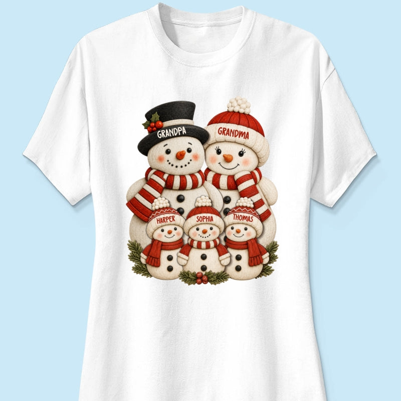 Cute Snowman Grandparents & Grandkids 2D Flat Printed - Personalized Shirt - Christmas Decor For Family, Grandma, Grandpa
