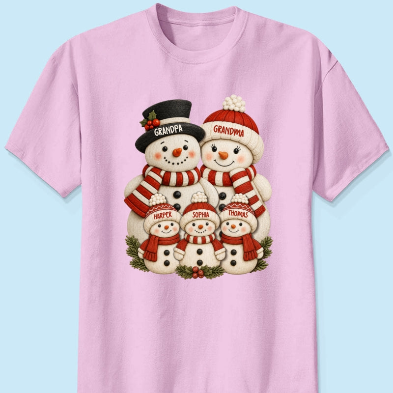 Cute Snowman Grandparents & Grandkids 2D Flat Printed - Personalized Shirt - Christmas Decor For Family, Grandma, Grandpa