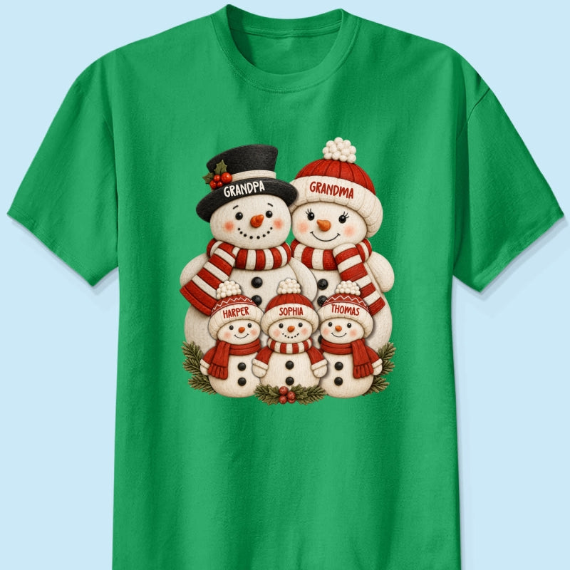 Cute Snowman Grandparents & Grandkids 2D Flat Printed - Personalized Shirt - Christmas Decor For Family, Grandma, Grandpa