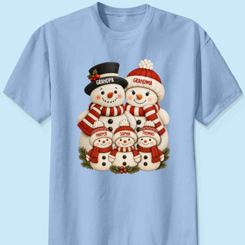 Cute Snowman Grandparents & Grandkids 2D Flat Printed - Personalized Shirt - Christmas Decor For Family, Grandma, Grandpa