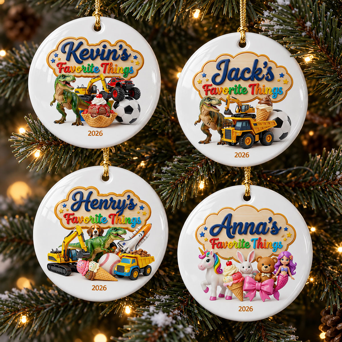 Kid's Favorite Things 2D Flat Printed - Personalized Ceramic Ornament - Custom Name & Favorite Things Keepsake Gift for Kids