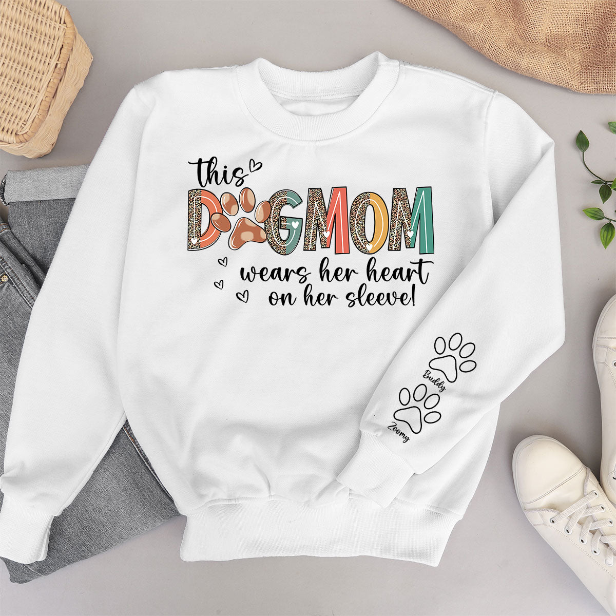 Dog Mom Wears Her Heart On Her Sleeve, Dog Paw Pattern, Gift For Dog Mom, Personalized Sleeve Printed Sweatshirt