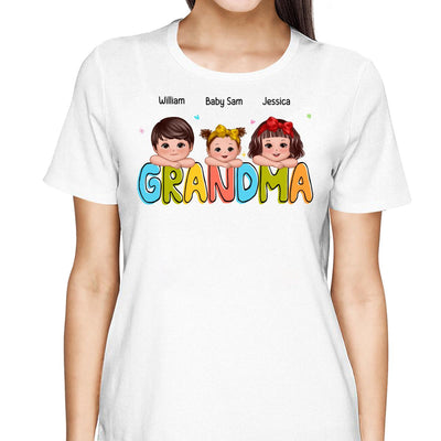 Colorful Grandma With Kids Chin On Hand Personalized Shirt