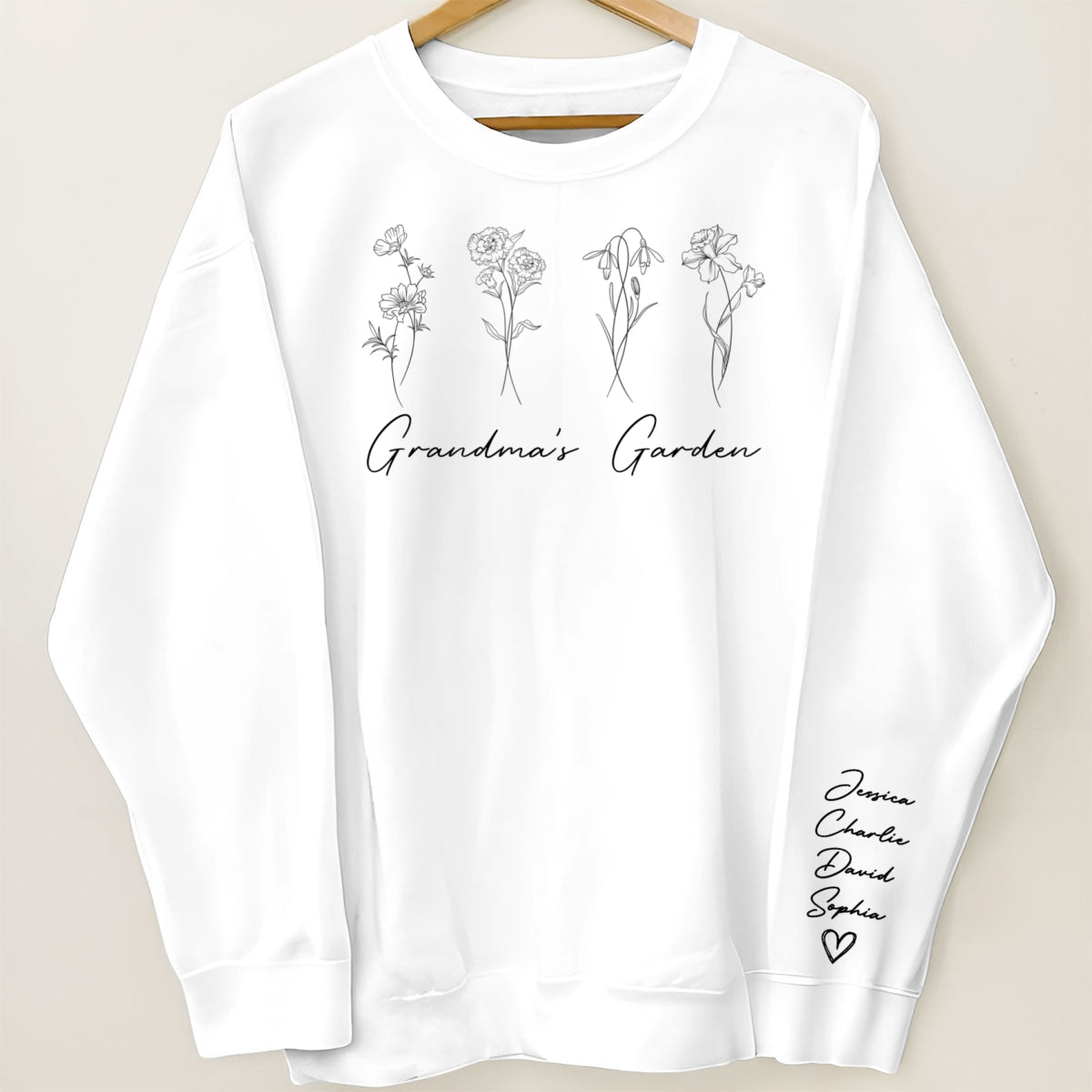 Outline Birth Month Flowers Personalized Sleeve Printed Sweatshirt, Gift For Mom Grandma Aunt