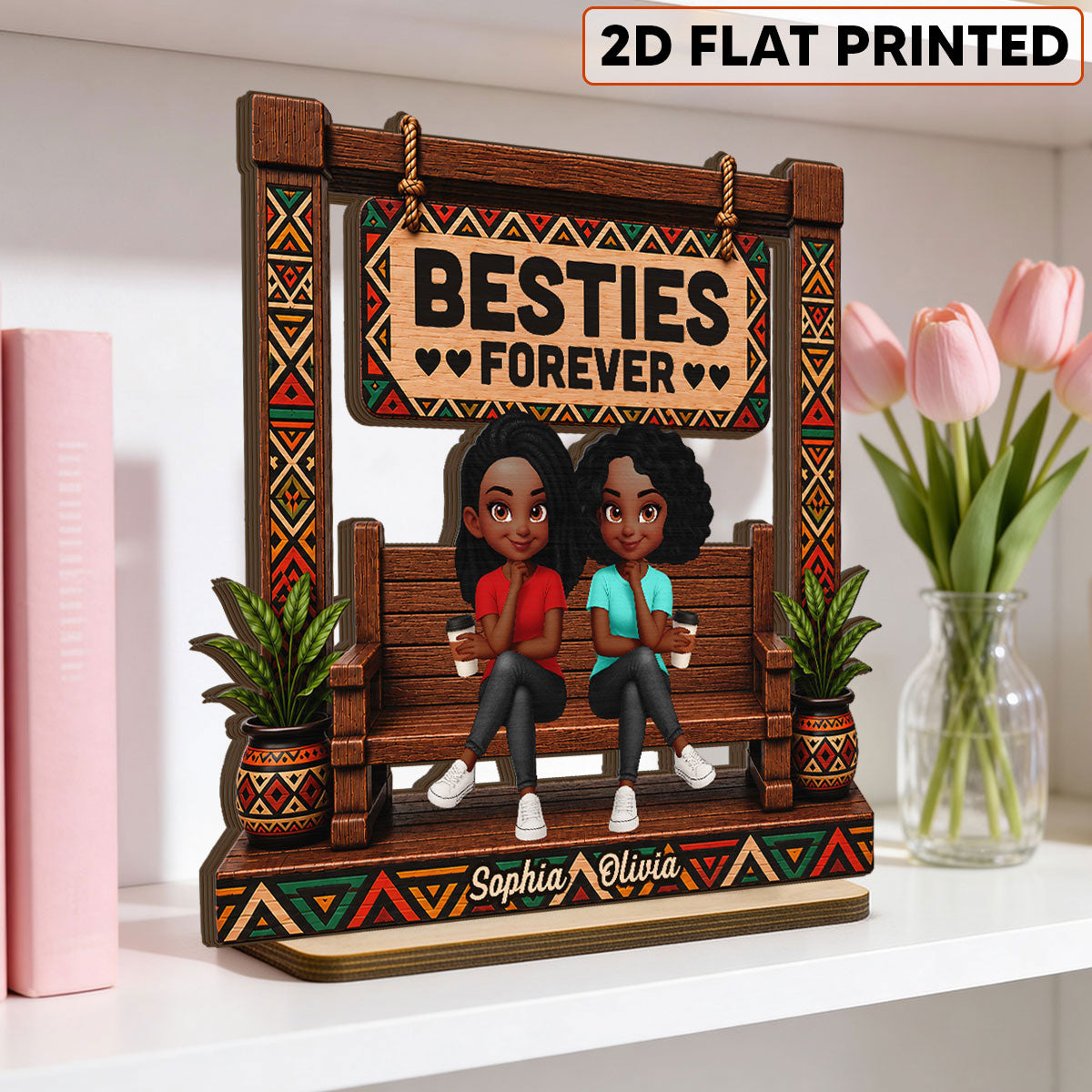 Tribal Patterns Besties Forever - Personalized 2-Layered Wooden Plaque - Birthday Gift, Gift For Best Friends