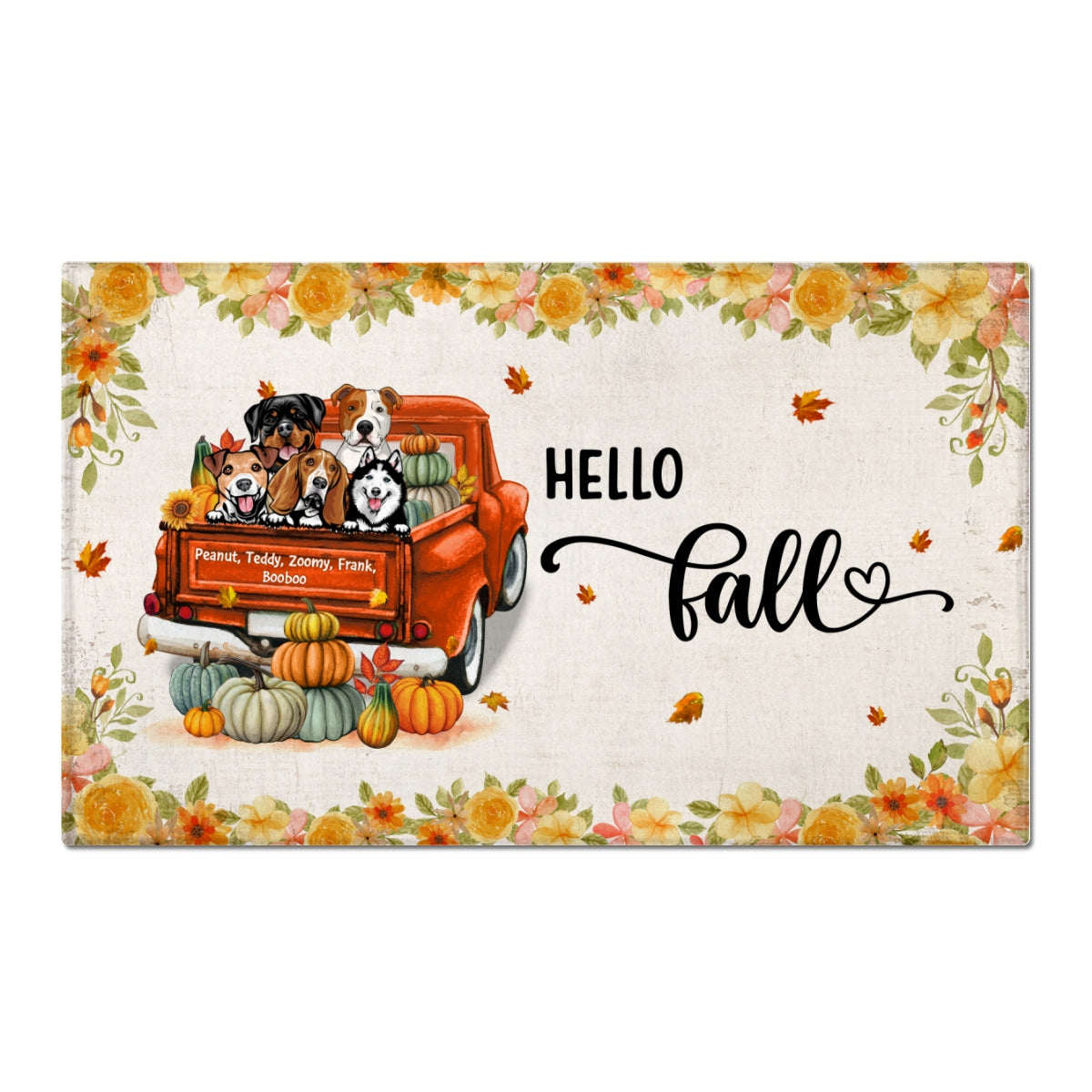 Hello Fall Dogs On Truck Personalized Doormat