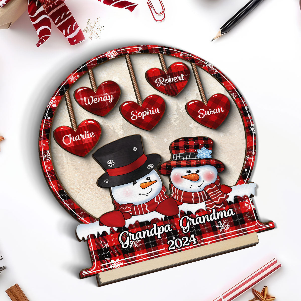 Snowman Papa Nana Dad Mom Heart Kids In Snowball Personalized 2-Layer Standing Wooden Plaque, Christmas Tiered Tray Decor