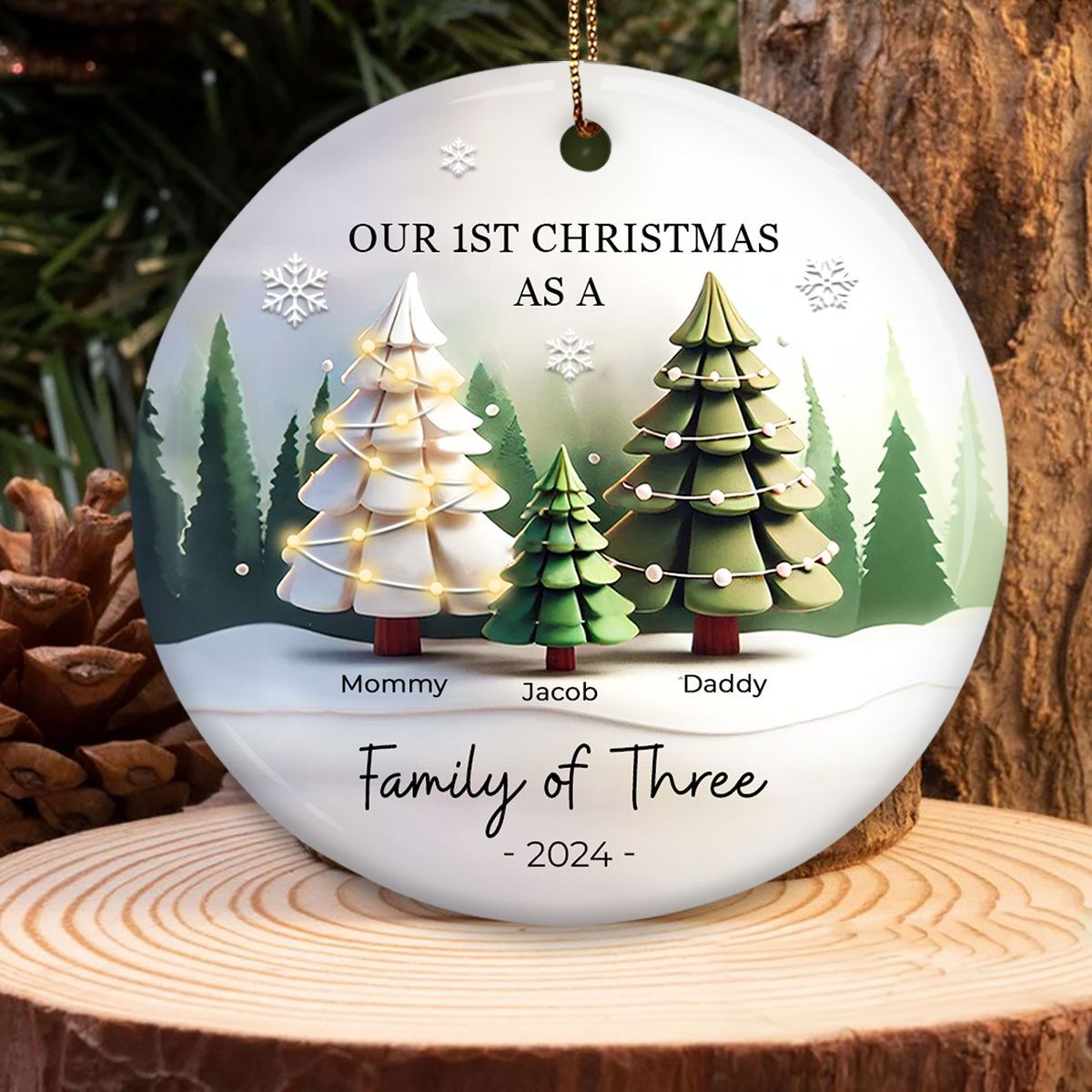 First Christmas As A Family Of 3, 3D Effect Personalized Ceramic Ornament, Christmas Gift For Newborn, New Mom, New Dad