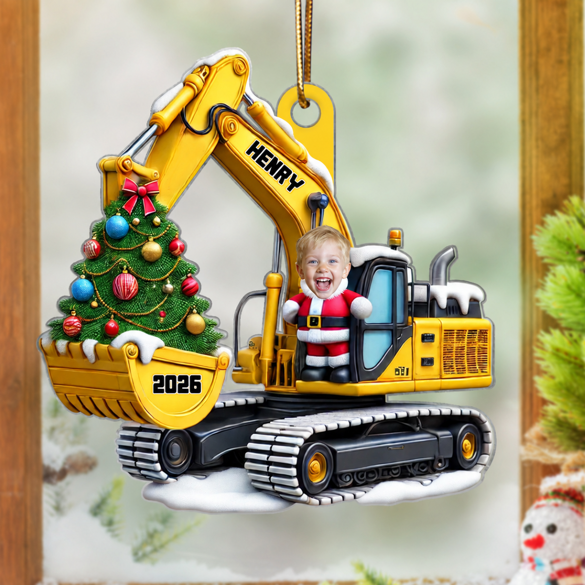 Personalized Xmas Excavator Construction Backhoe Kid Photo Ornament, 3D Effect Xmas Gift For Kids
