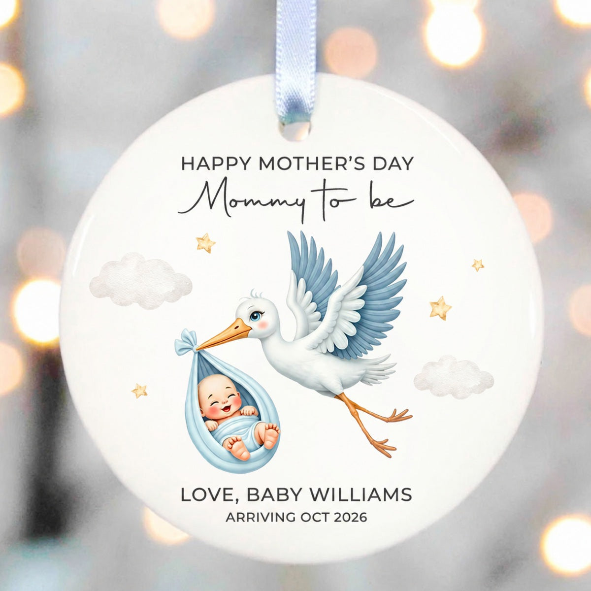 Cute Stork And Baby Mommy to be, Personalized Ceramic Ornament, Heartfelt First Gift for Pregnant Mom
