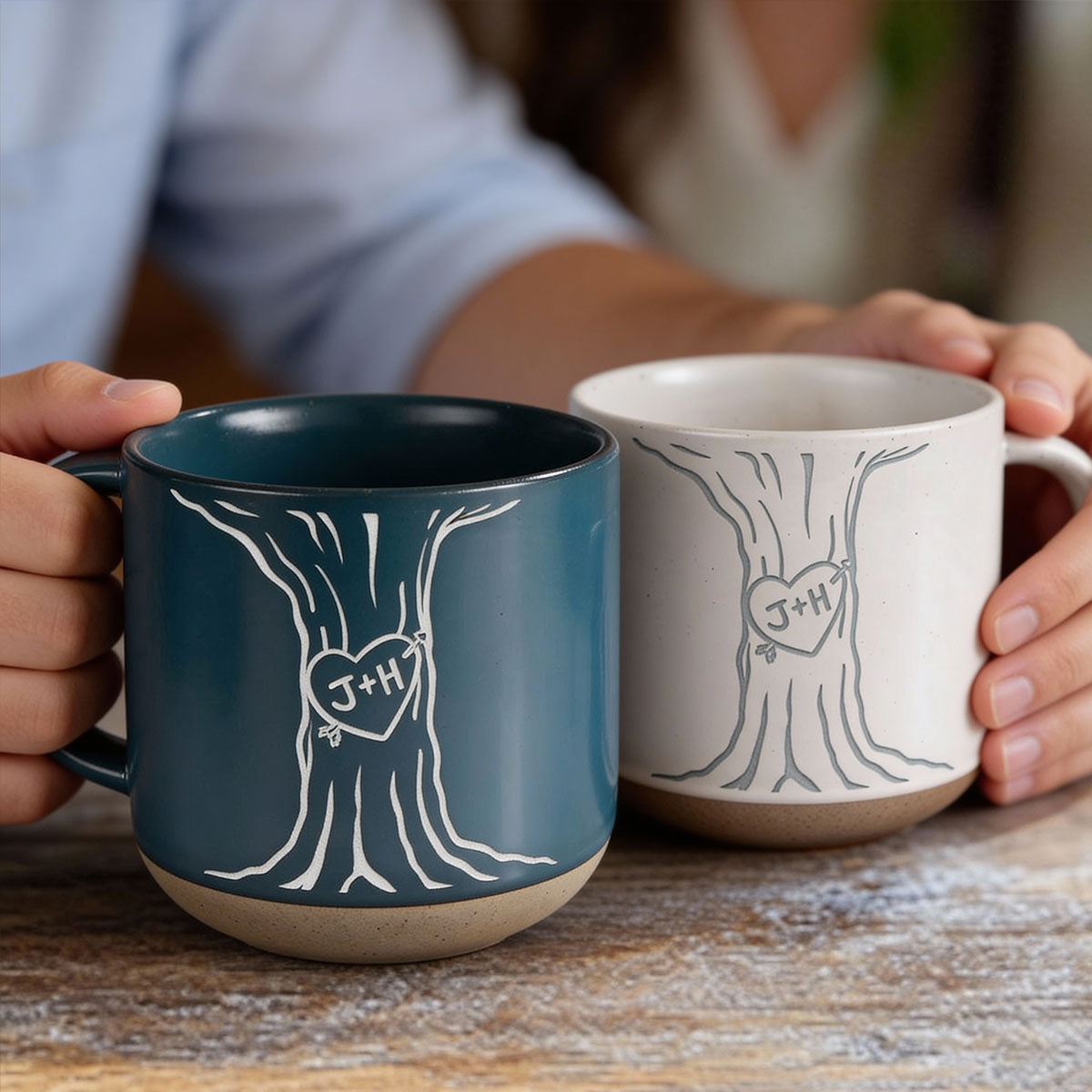 Couple Name Initials Engraved In A Heart Tree - Personalized Pottery Mug - Valentine's Day, Anniversary, Engagement Gift