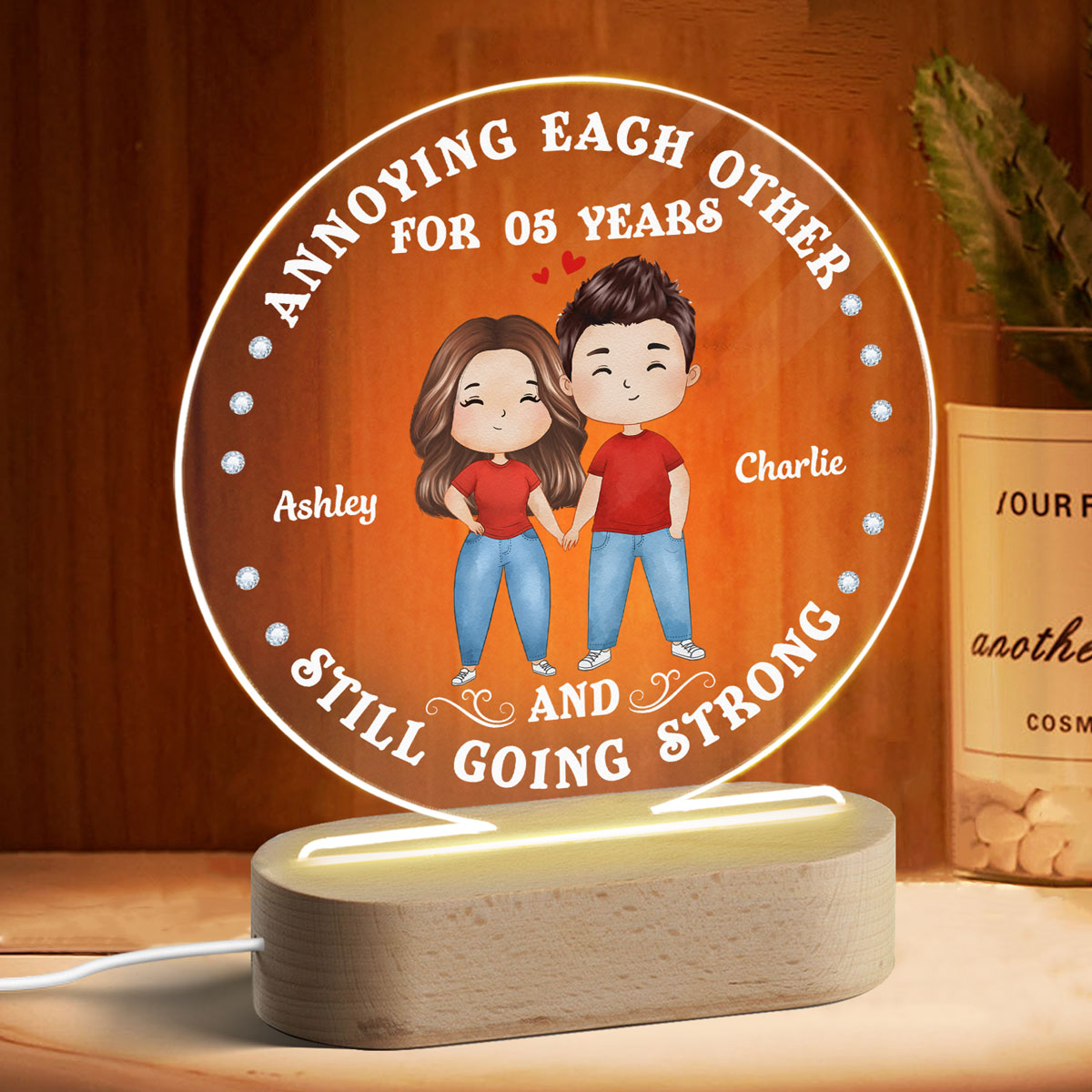 Watercolor Couple Annoying Each Other Funny Personalized Circle LED Lamp Night Light