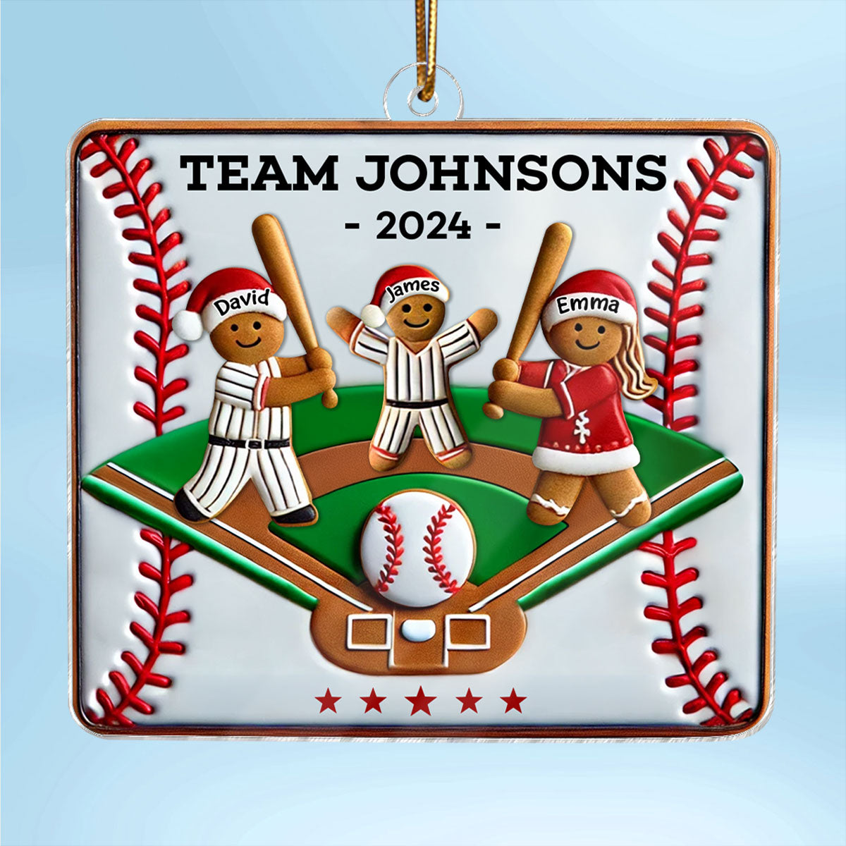 3D Effect Baseball Gingerbread Family Playing On Field Sport Lover Personalized Acrylic Ornament