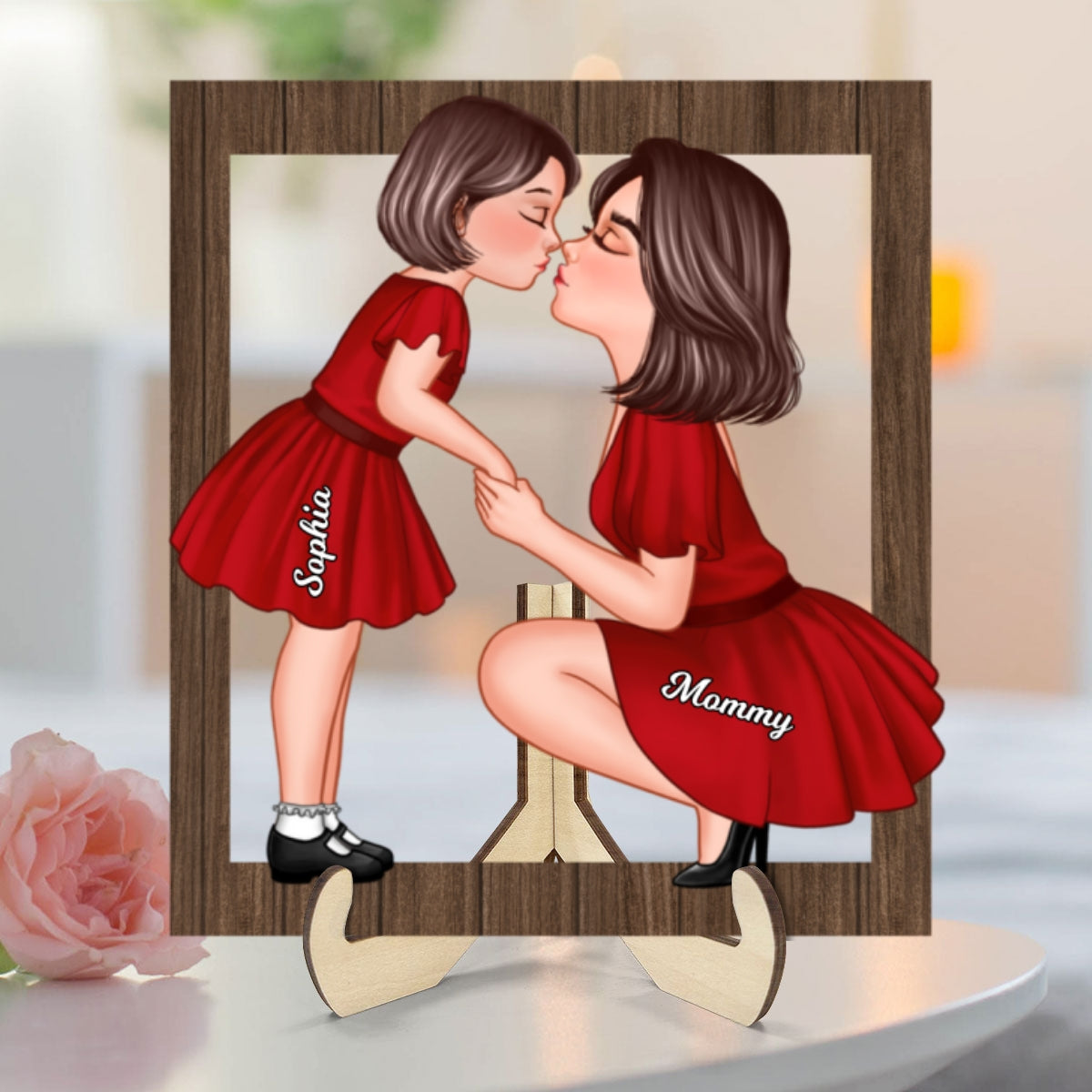 Mom And Kid Holding Hands Kissing Frame Personalized 2-layer Wooden Plaque