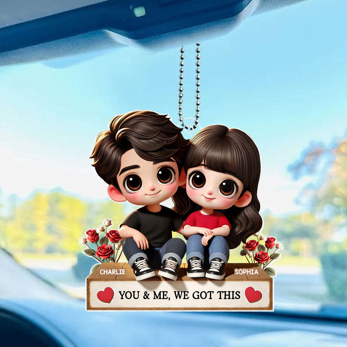 3D Effect Cartoon Couple Sitting Next To Each Other Personalized Acrylic Car Hanger, Anniversary  Gift for him, Gift for her
