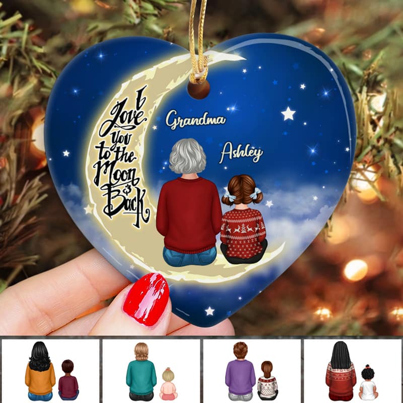 Grandma Grandkids On Moon Personalized Heart Ornament