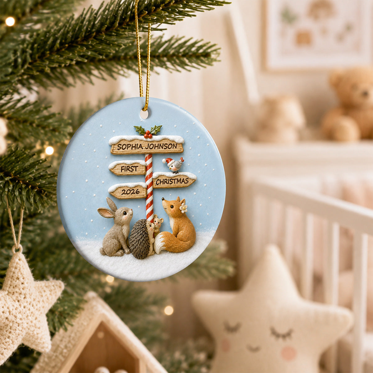 Baby's First Christmas North Pole Sign 2D Flat Printed - Personalized Ceramic Ornament - Baby's 1st Christmas Keepsake