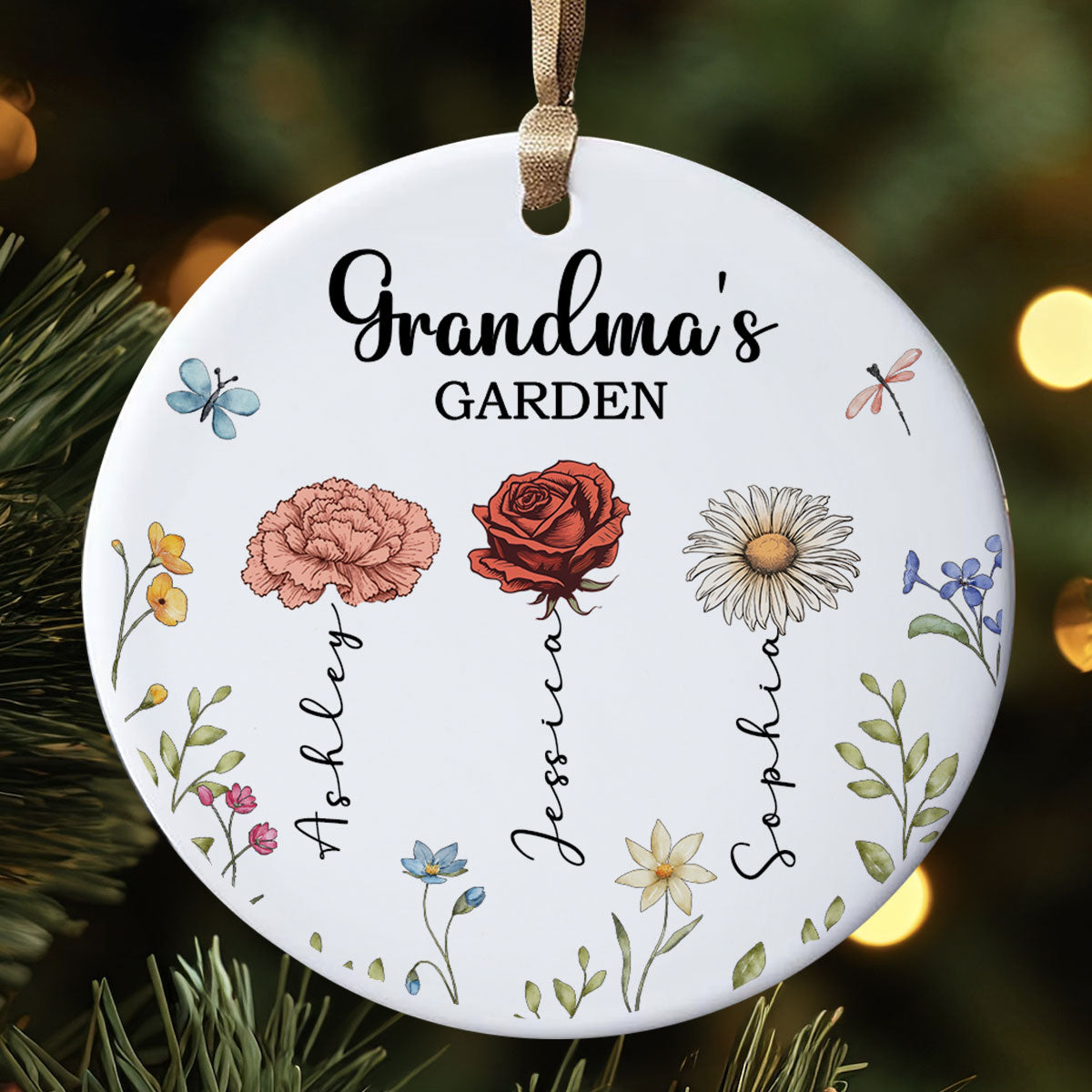 Grandma's Garden Personalized Ceramic Ornament, Christmas Gift For Grandma, Grandkids, Granddaughter, Grandson