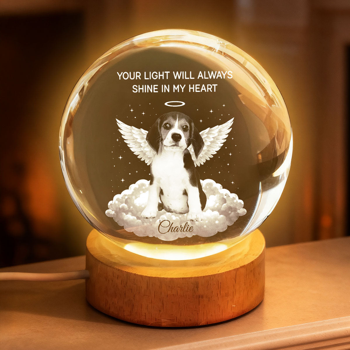 Your Light Will Always Shine in My Heart Pet Memorial - Personalized Crystal Ball LED Night Light - Heartfelt Remembrance Keepsake
