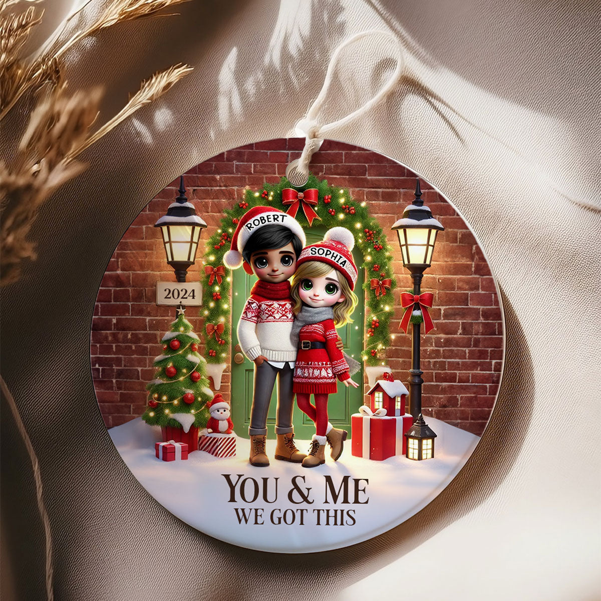 Couple Standing In Front of Door Personalized Ceramic Ornament, Christmas Gift for Him, Gift for Her