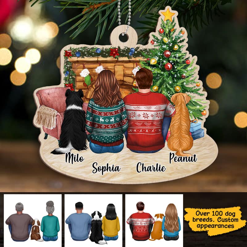 Fireplace Family Couple And Dogs Personalized Wooden Ornament