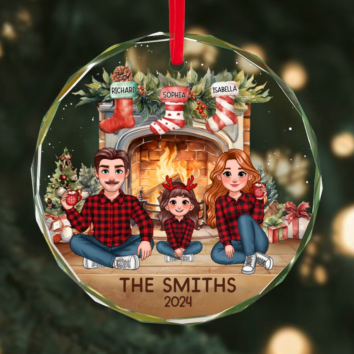 Animated Family Vintage Christmas Stockings Fireplace Personalized Glass Ornament, Christmas Gift For Family