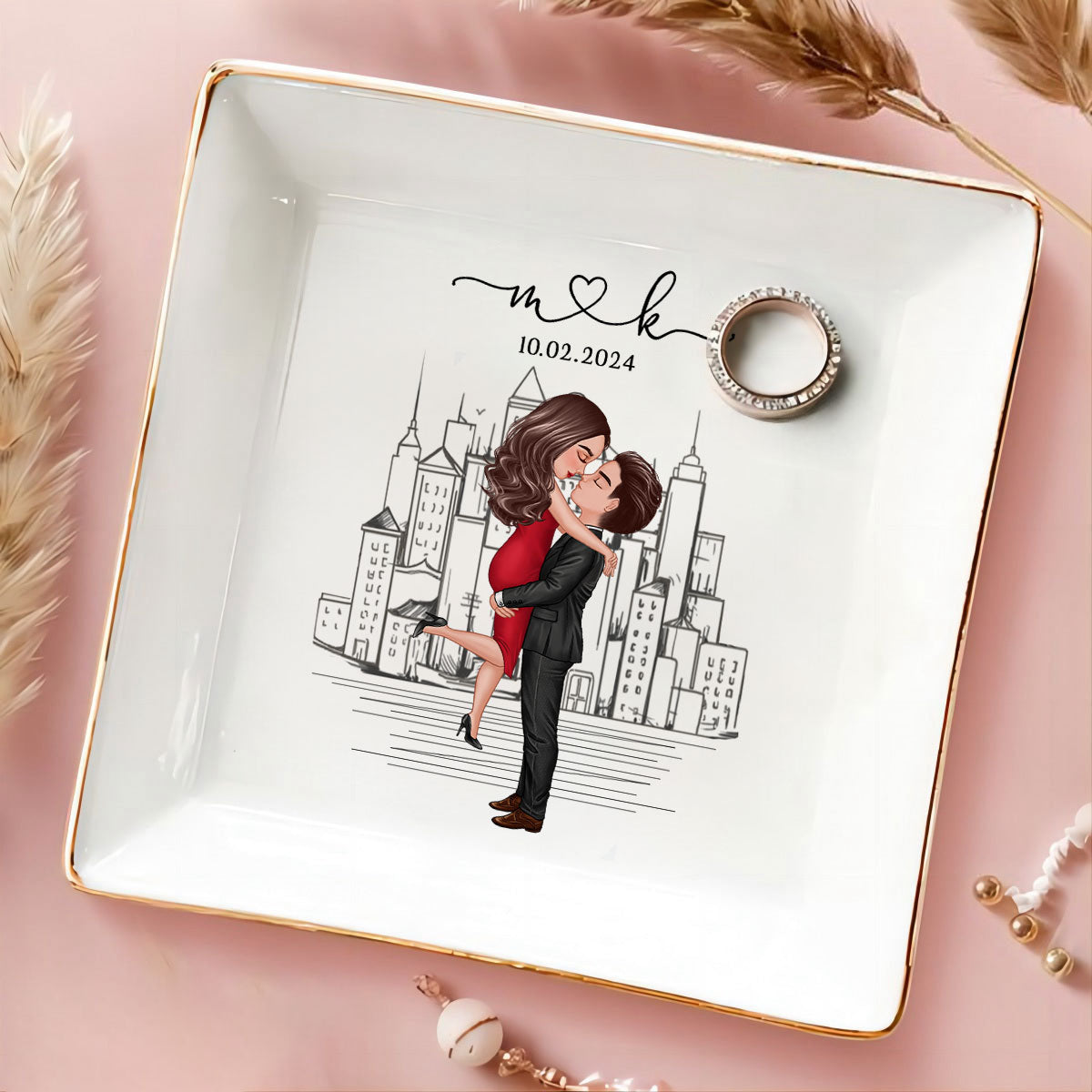Couple Hugging Kissing Outline Landscape Personalized Jewelry Dish, Gift for Her