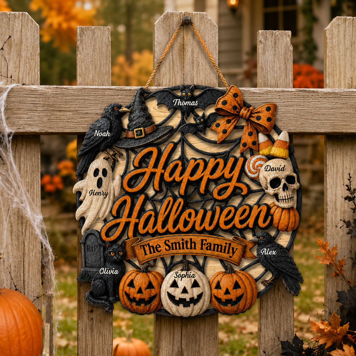 Halloween Wreath Ghost Pumpkin - Personalized Wood Sign - Happy Halloween Sign for Porch Window Door